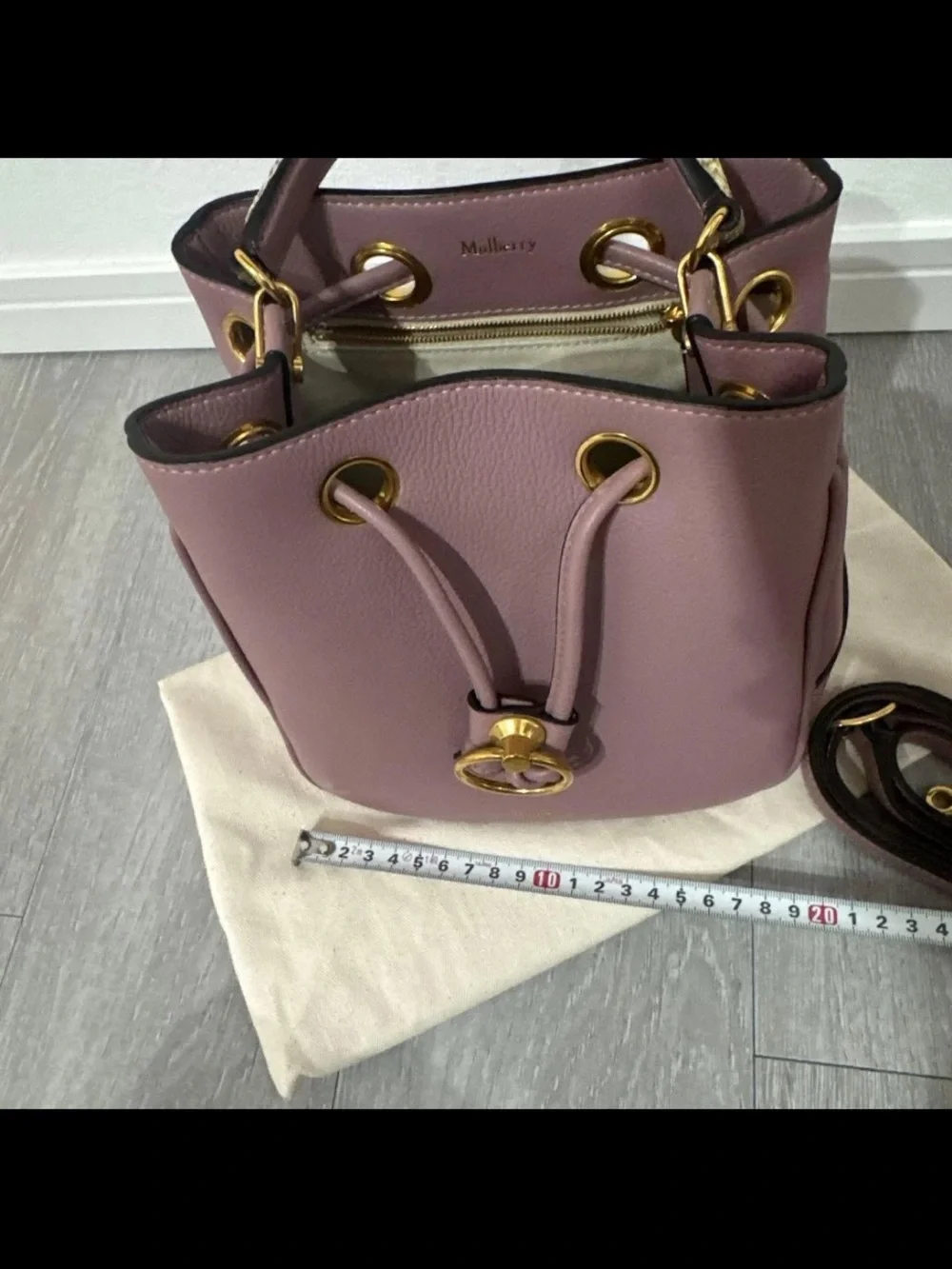 Mulberry Mauve Leather Drawstring Bucket Bag with Braided Handle